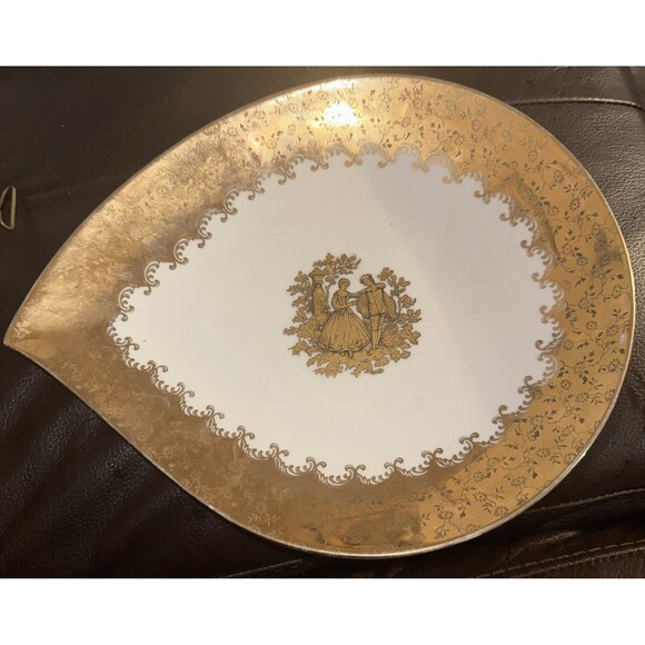 Furstenberg Germany Teardrop Shaped Plate Courtship Gold Rim Rare - Picture 1 of 8
